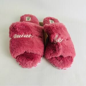 Dluxe By Dearfoams Women Plush Be Mine Slide Slipper Pink‎ Faux Fur Flat Sz L